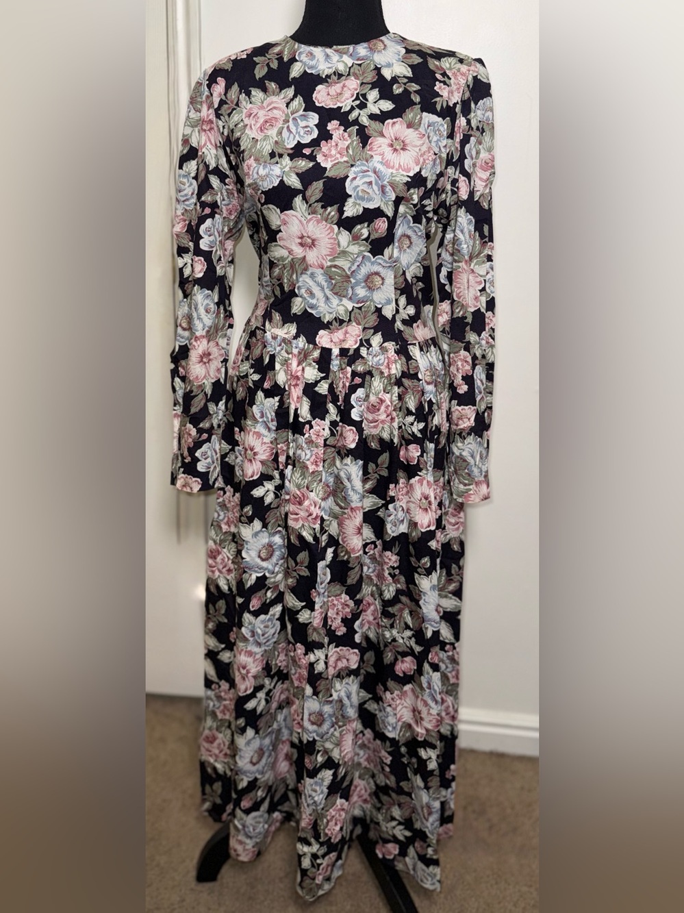 Vintage 90s Lanz Originals Made in USA Cabbage Rose Rayon Maxi Dress 10